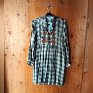 Nostalgia Brown Plaid Floral Embroidered Dress